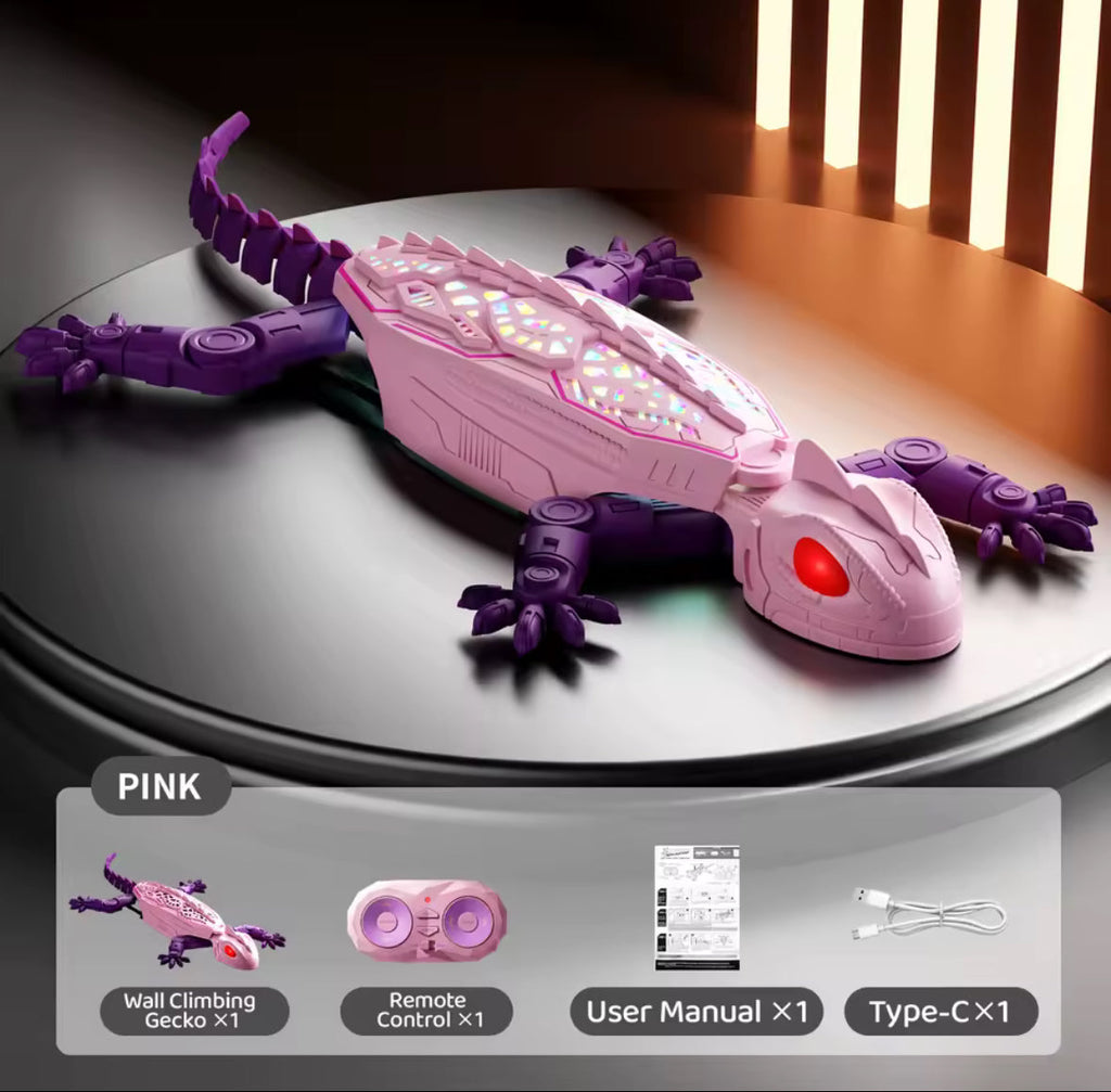 Solis Gekko — pink wall climbing gecko with remote control, USB-C cable and manual