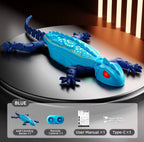 Solis Gekko — blue wall climbing gecko with remote control, USB-C cable and manual