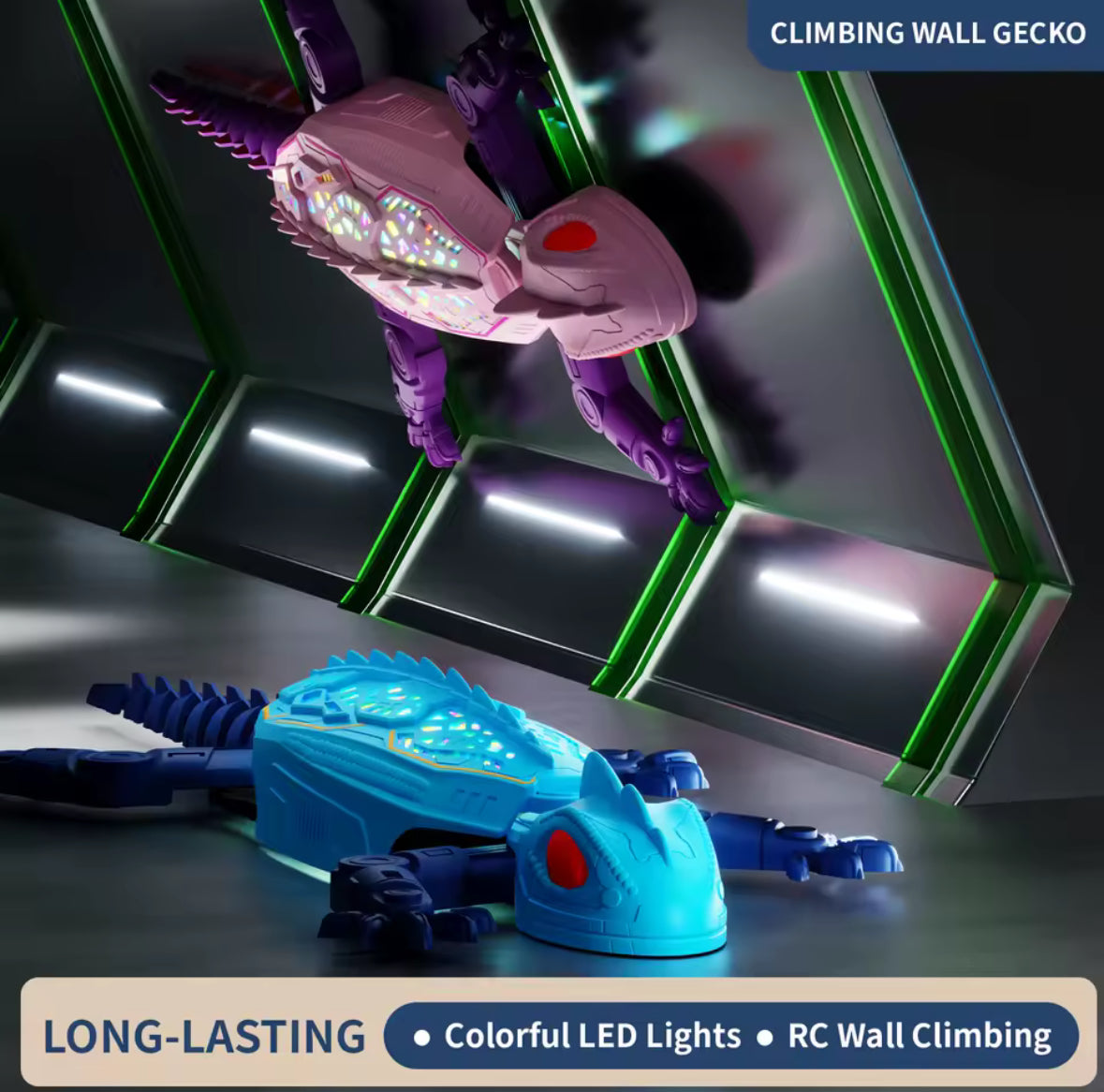 Solis Gekko — pink and blue remote control geckos crawling across a wall