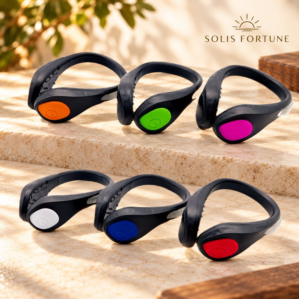 Solis Glowstep — LED shoe clip lights with coloured power buttons, switched off