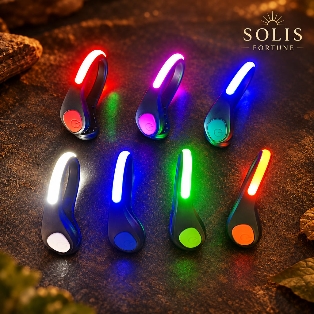 Solis Glowstep — row of LED shoe clip lights lit up in different colours