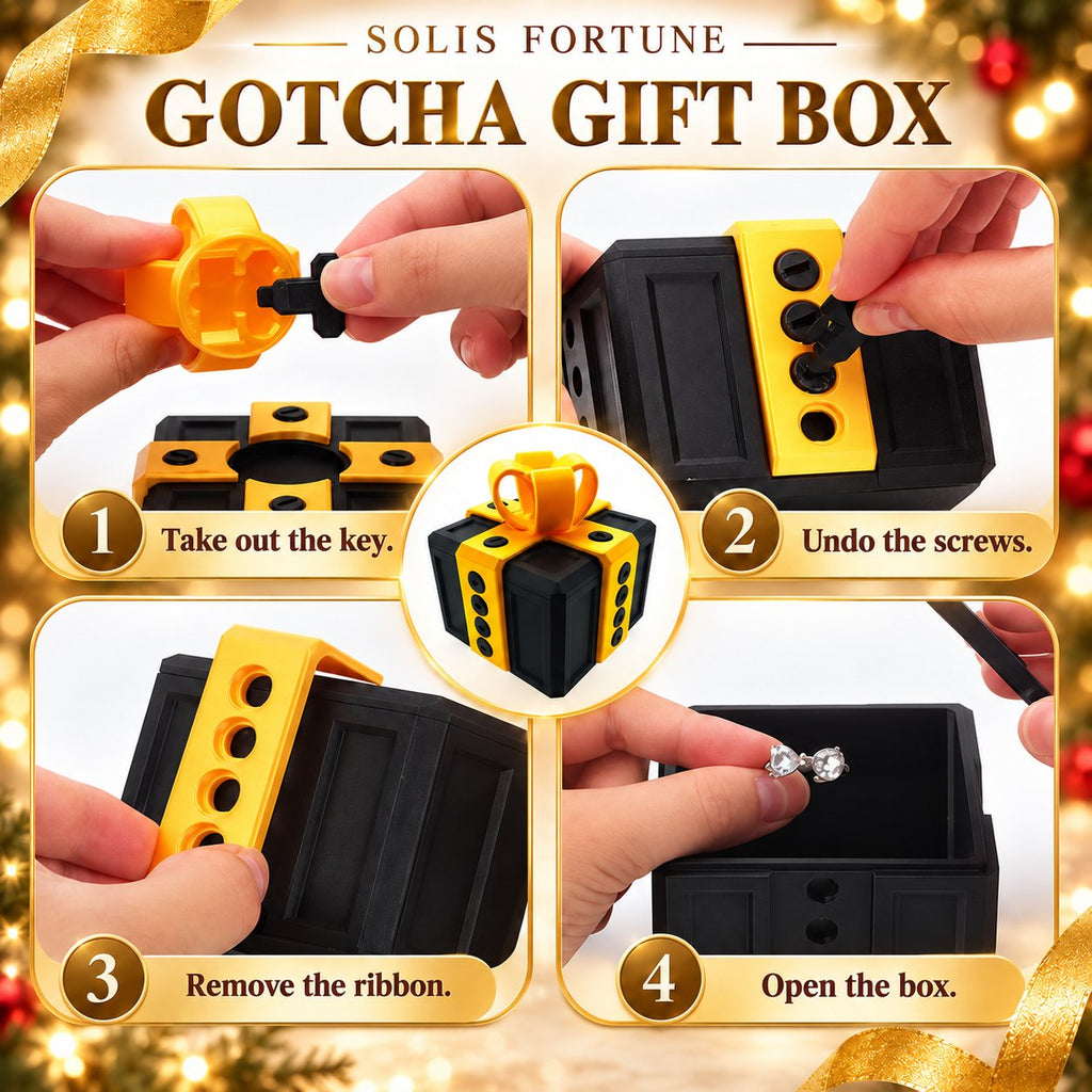 Solis Gotcha Box — how to open the prank gift box: undo the screws, lift the ribbon, find the gift