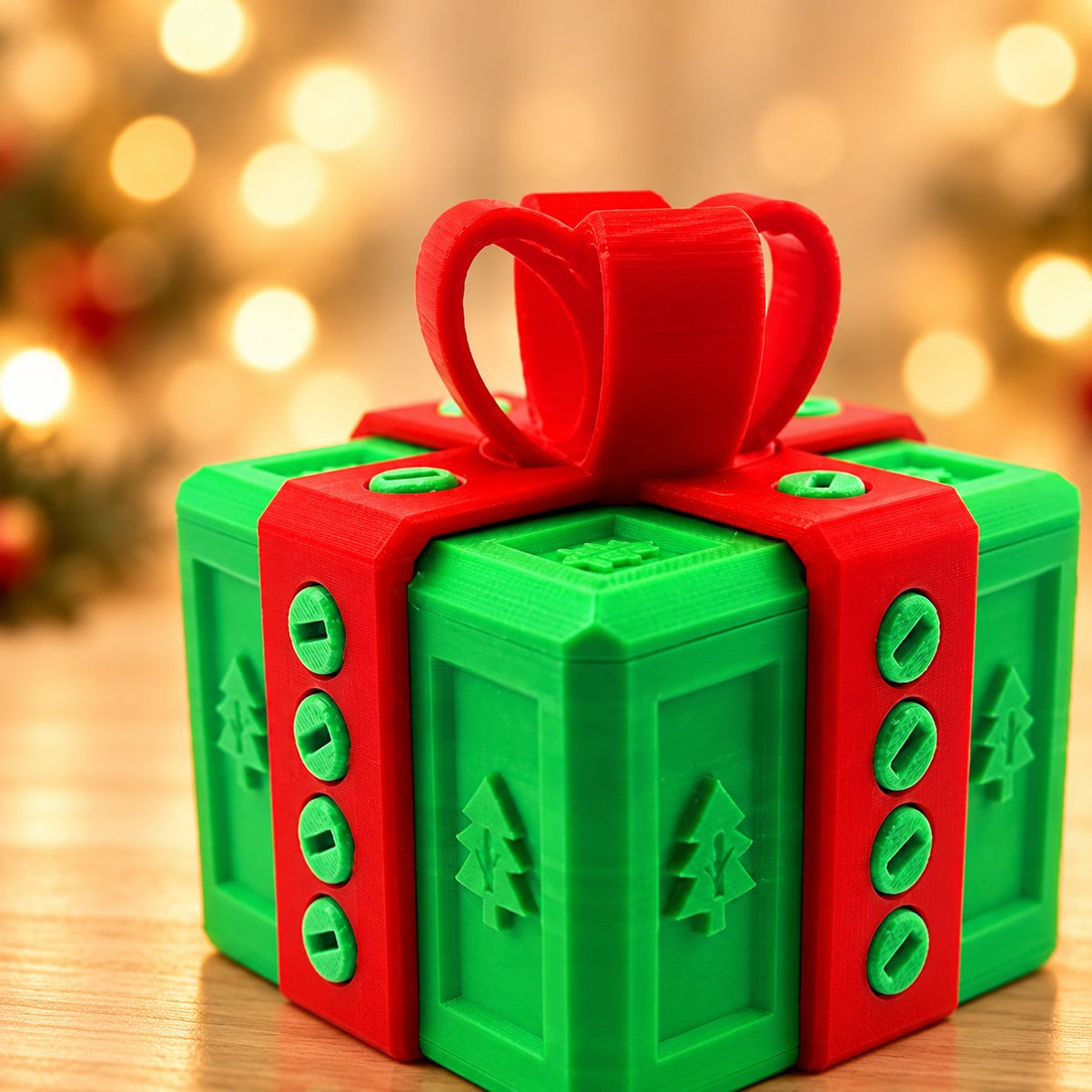 Solis Gotcha Box — Christmas Tree Green & Red — prank gift box with screws