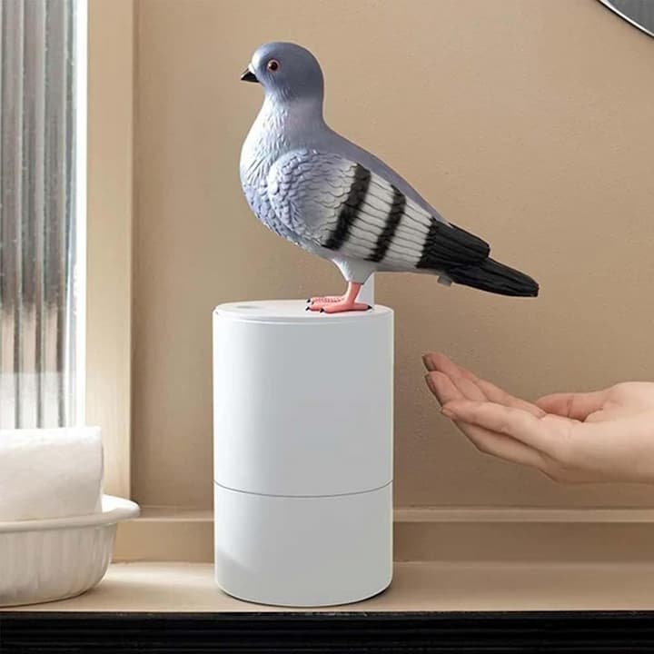 Solis — pooping pigeon soap dispenser in grey: hold your hand under the bird and foam comes out the back