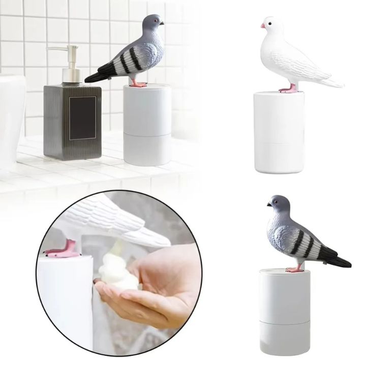 Solis — pigeon soap dispenser in grey and white dove, touchless sensor foam pump by the sink