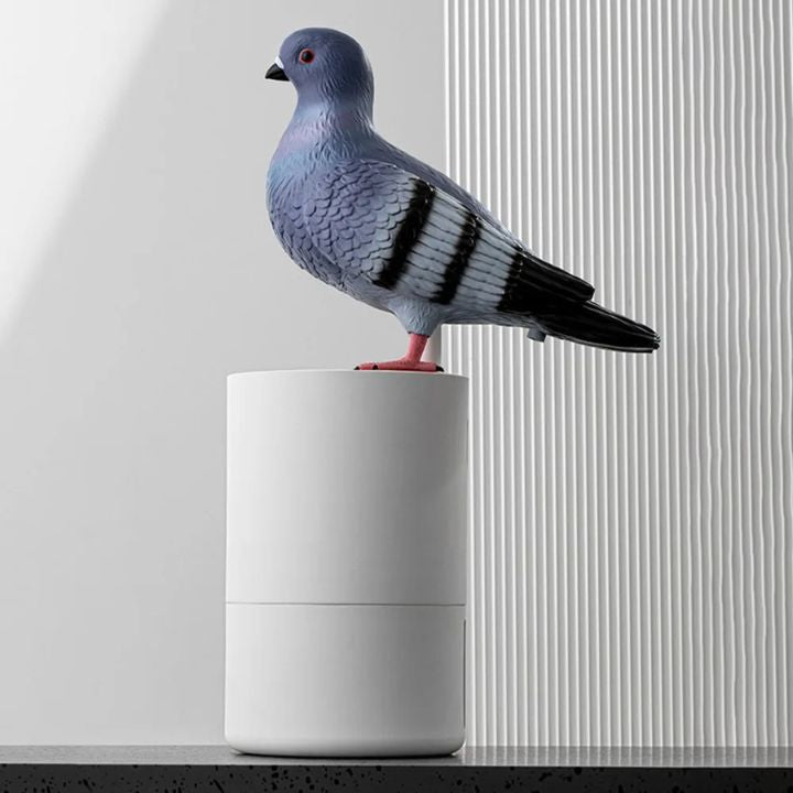 Solis — grey pigeon foam soap dispenser on a white base, funny bathroom decor