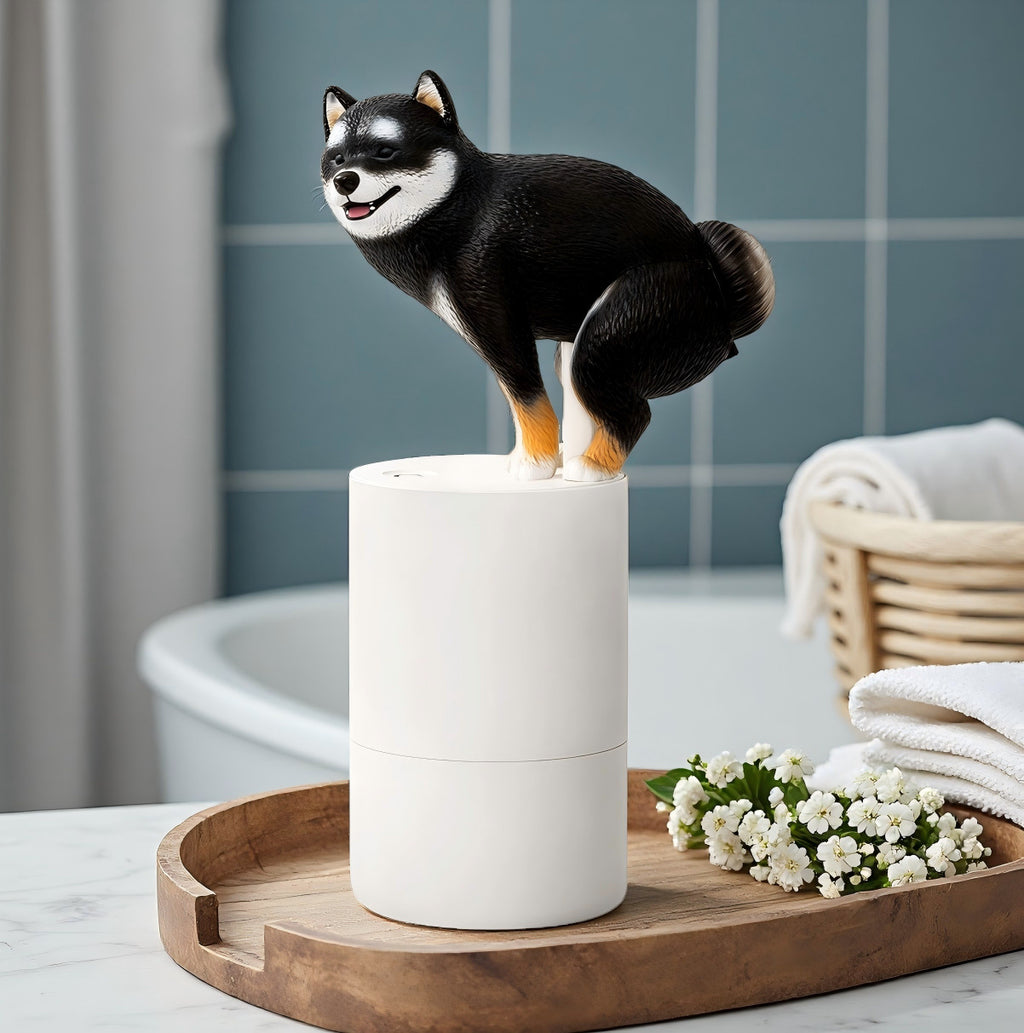 Solis — black Shiba Inu pooping soap dispenser, foam comes out of the rear