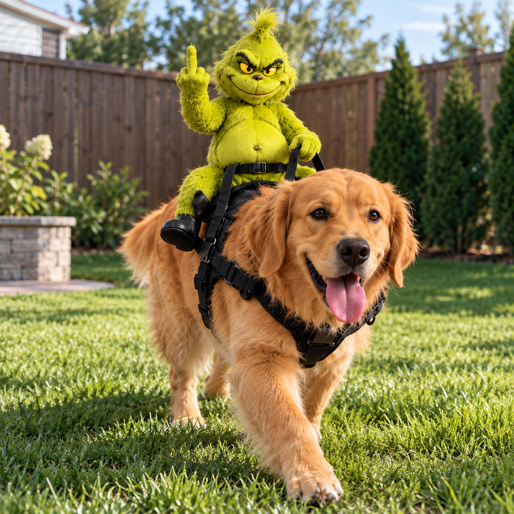 Grinch dog costume by Solis Grump Rider on a golden retriever on the lawn