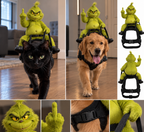 Grinch dog costume — Grinch pet costume rider on a black cat and a golden retriever, with harness close-ups, Solis Grump Rider