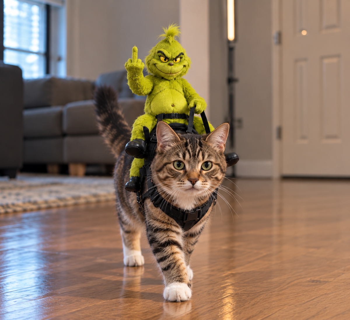 Grinch dog costume — Tabby cat walking in the green Grinch rider costume, Solis Grump Rider