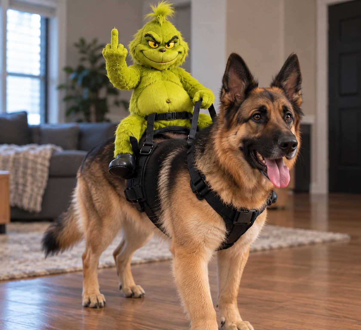 Grinch dog costume — German shepherd wearing the Grinch rider costume indoors, Solis Grump Rider