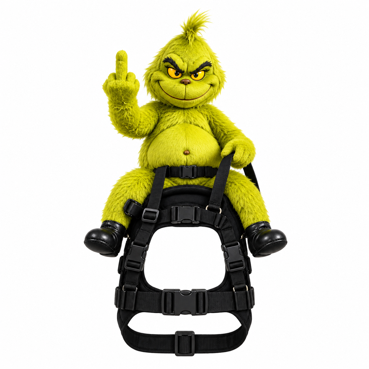Grinch dog costume — Grumpy green Grinch rider plush on its pet harness, Solis Grump Rider