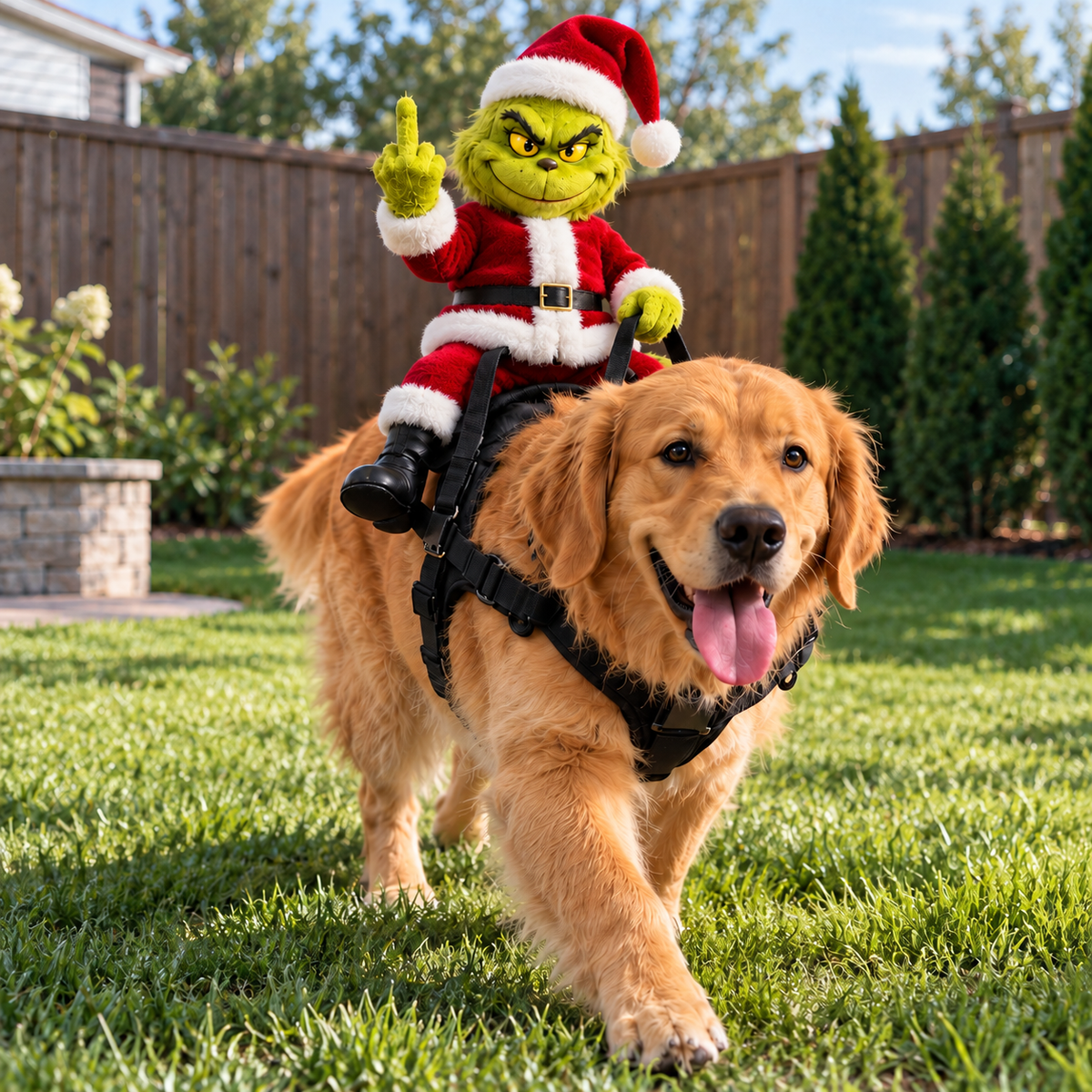 Grinch dog costume — Santa Grinch plush rider in a red Santa suit and hat on a golden retriever pet harness — Solis Grump Rider