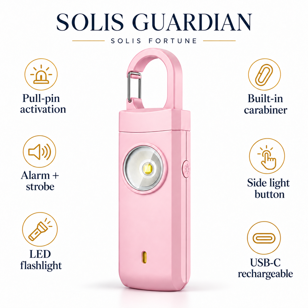 Personal safety alarm keychain – Solis Guardian 130 dB personal alarm keyring in [colour] — safety alarm features: pull pin for 130 dB alarm and strobe, LED flashlight, side button, carabiner clip, USB-C charging