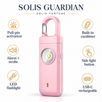Personal safety alarm keychain – Solis Guardian 130 dB personal alarm keyring in [colour] — safety alarm features: pull pin for 130 dB alarm and strobe, LED flashlight, side button, carabiner clip, USB-C charging