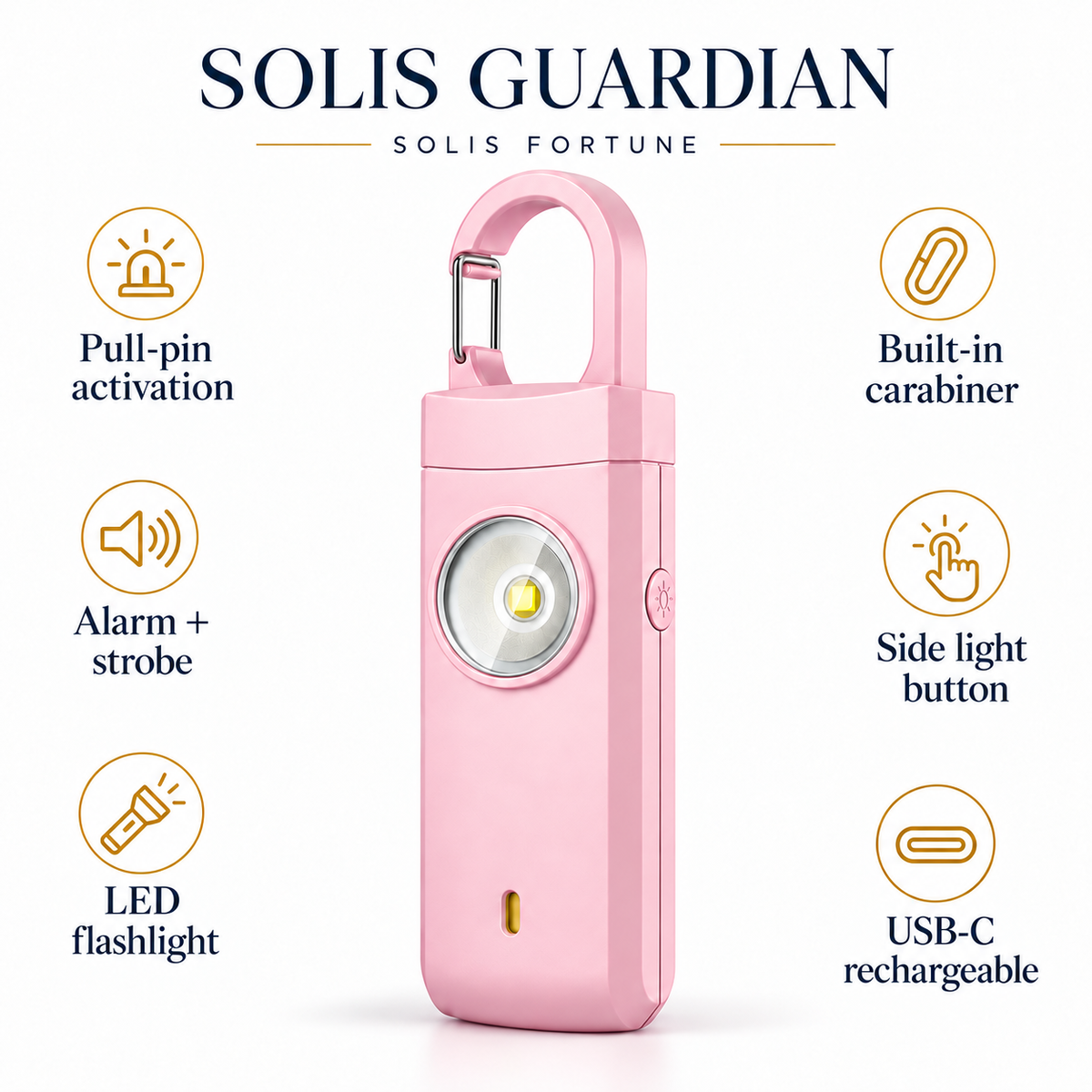 Personal safety alarm keychain – Solis Guardian 130 dB personal alarm keyring in [colour] — safety alarm features: pull pin for 130 dB alarm and strobe, LED flashlight, side button, carabiner clip, USB-C charging