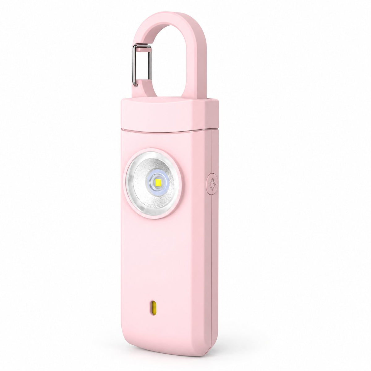 Solis Guardian — personal safety alarm in pink with carabiner clip and LED flashlight