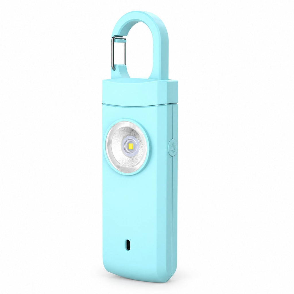 Solis Guardian — personal safety alarm in blue with carabiner clip and LED flashlight