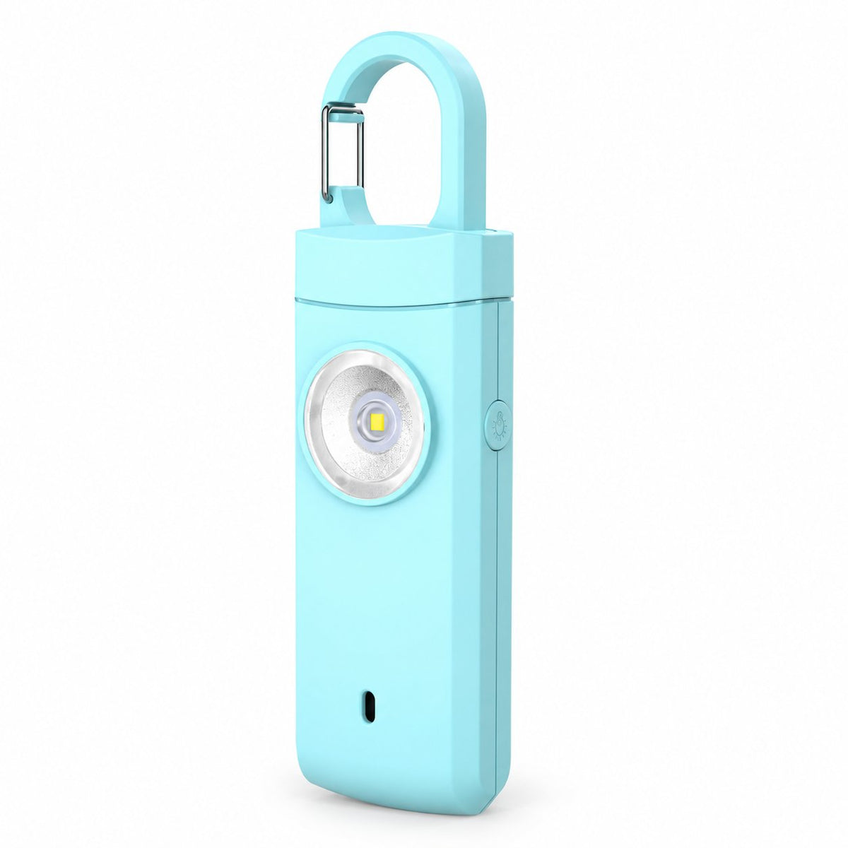 Solis Guardian — personal safety alarm in blue with carabiner clip and LED flashlight