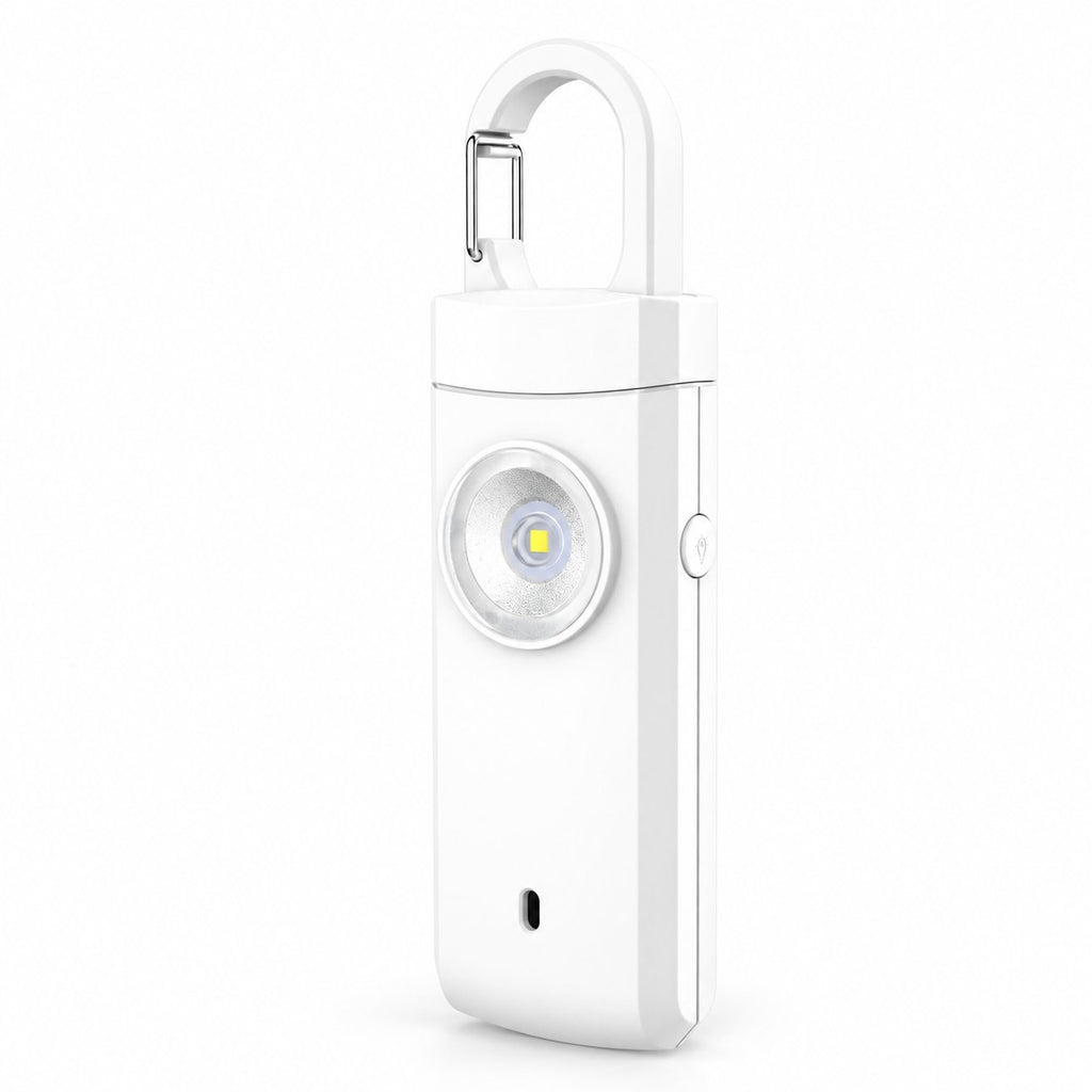Solis Guardian — personal safety alarm in white with carabiner clip and LED flashlight