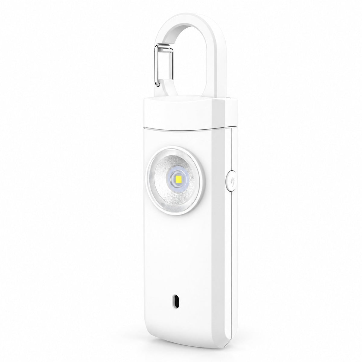 Solis Guardian — personal safety alarm in white with carabiner clip and LED flashlight