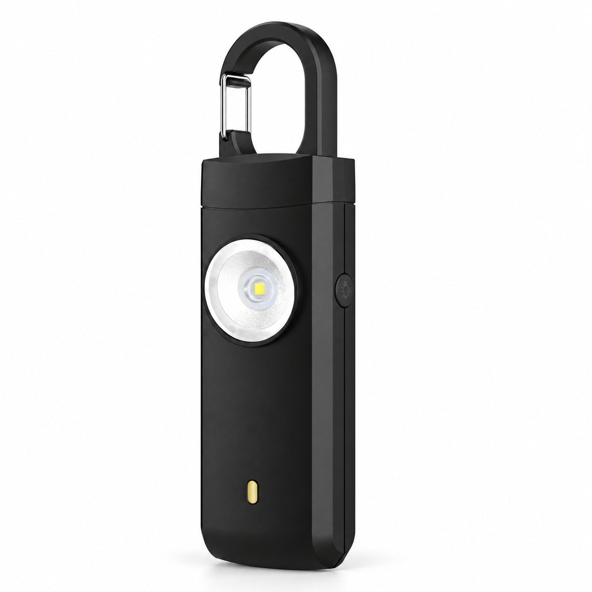 Solis Guardian — personal safety alarm in black with carabiner clip and LED flashlight