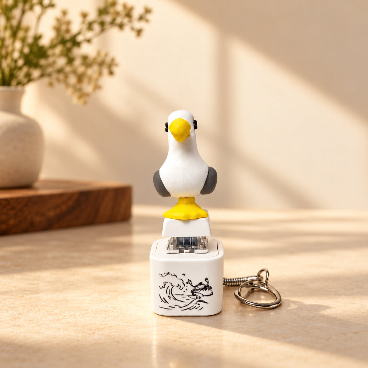 Solis Gull — MINE seagull keychain standing on its white button base
