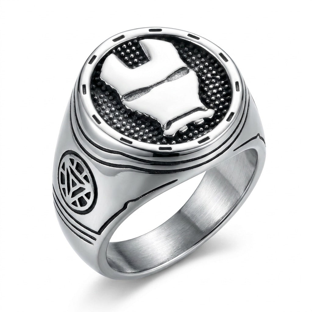 Solis Hero Rings — Iron Man: Iron Man ring — Iron Man helmet on a textured black face; arc reactor emblem engraved on each shoulder.