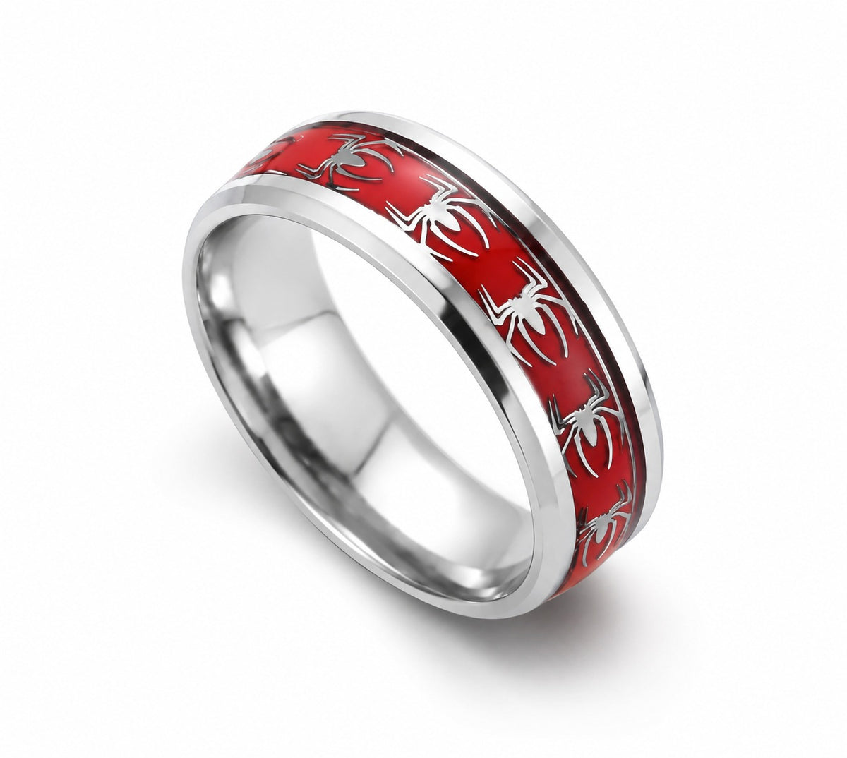 Solis Hero Rings — Spider-Man: Spider-Man ring — Red inlay with spider-web and spider motifs between polished steel edges.