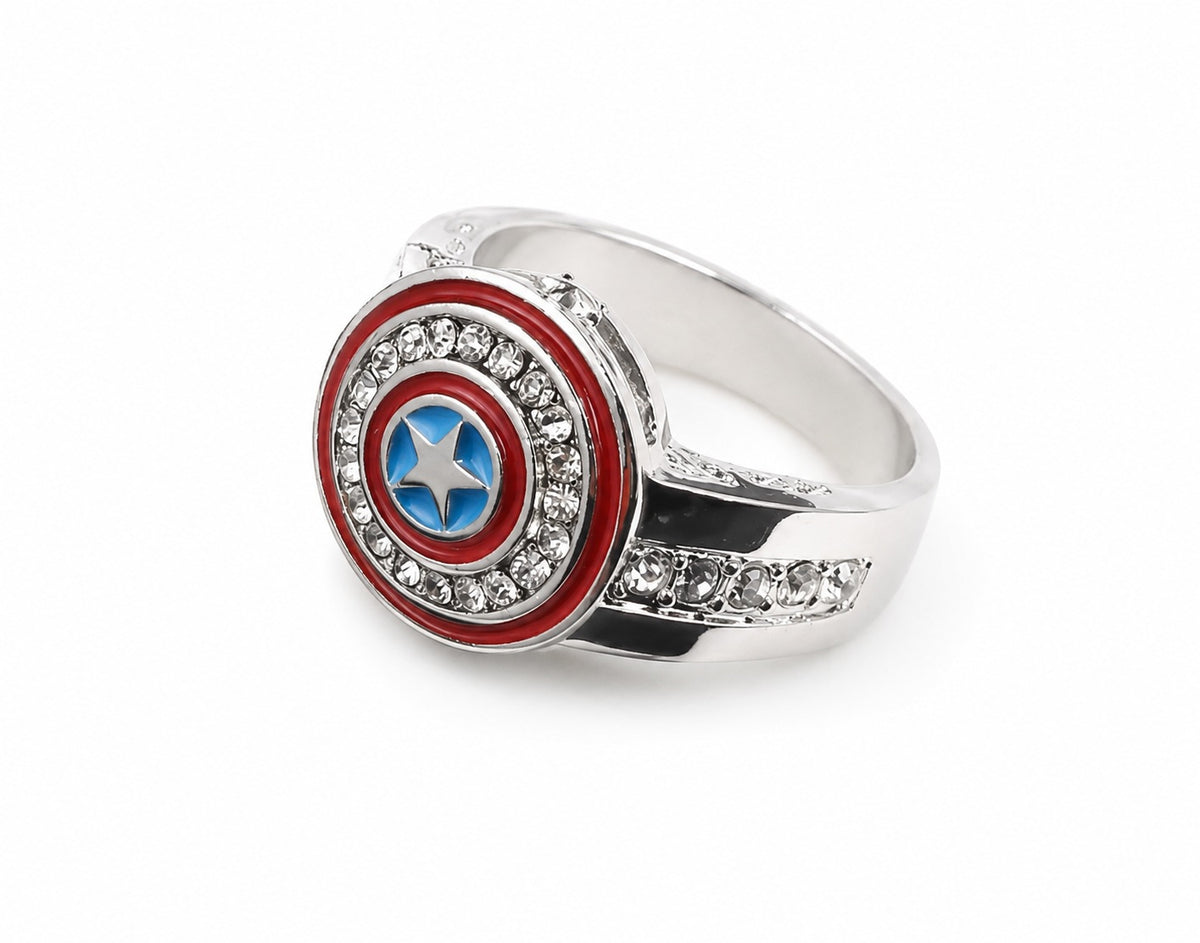 Solis Hero Rings — Captain America: Captain America ring — Red, white and blue shield with a star at the centre, framed by sparkling stones.