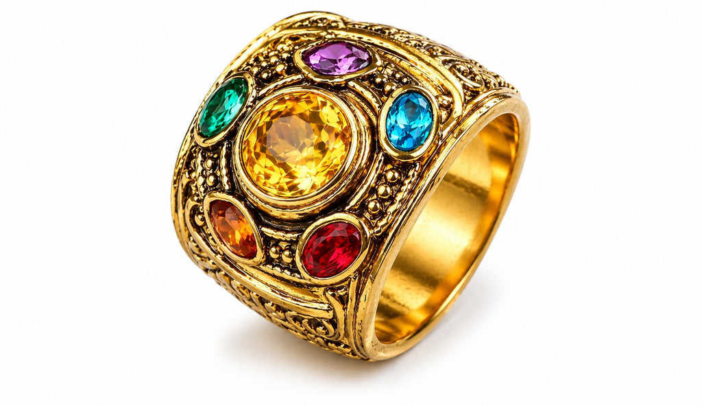 Solis Hero Rings — Thanos: Thanos ring — Six coloured stones, one for each Infinity Stone, on a wide gold-tone band.