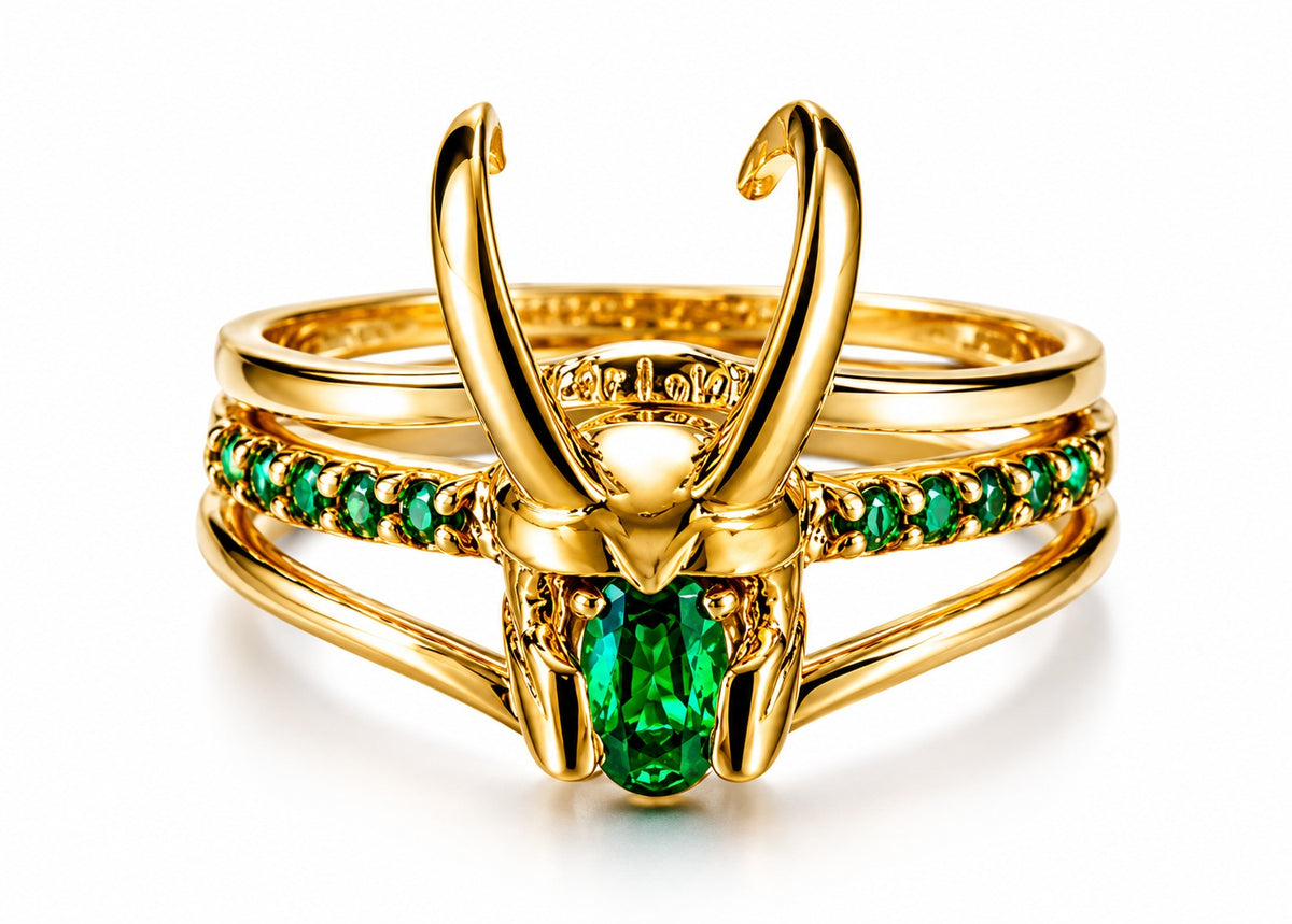 Solis Hero Rings — Loki: Loki ring — Loki's horned helmet with a green centre stone over layered gold-tone bands lined with green stones.