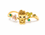 Solis Hero Rings — Groot: Groot ring — Baby Groot at the centre, a vine of leaves and pink and green crystal flowers.