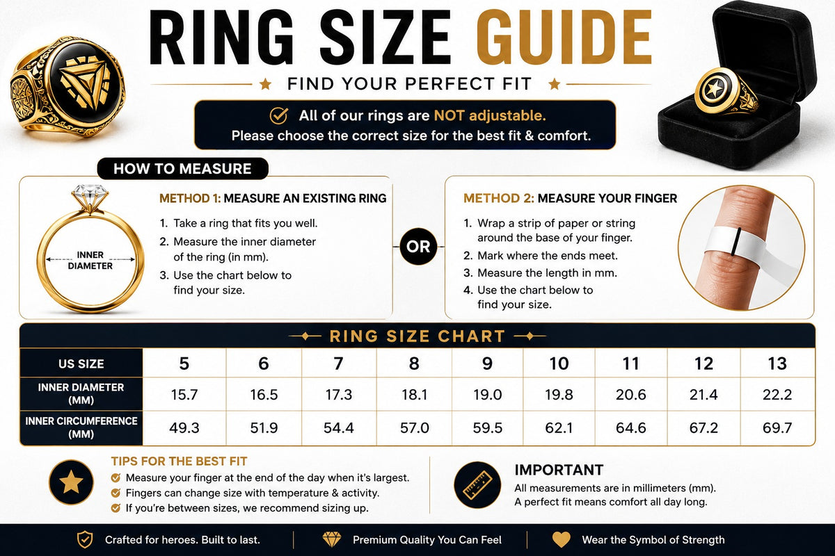 Solis Hero Rings — ring size guide: US sizes 5–13 with inner diameter and circumference