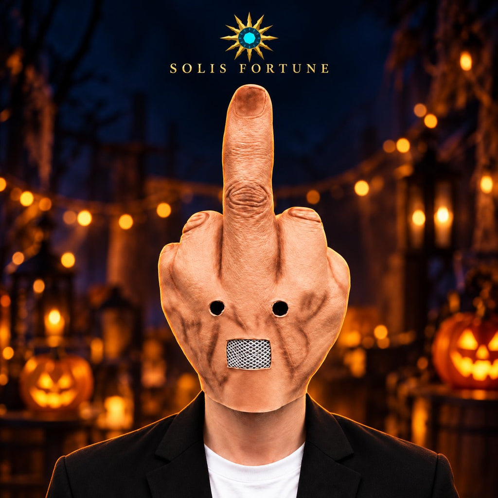 Solis Hollow — full-head latex mask shaped like a hand giving the middle finger
