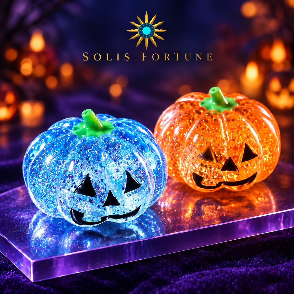Solis Hollow — blue and orange glitter pumpkin squishies