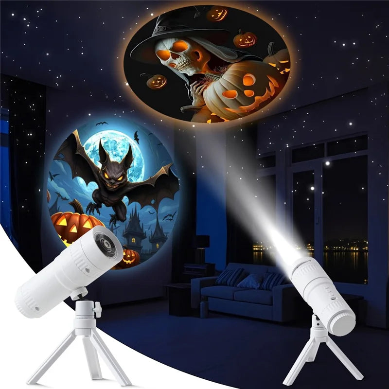 Solis Hollow Halloween Projector projecting a witch and a bat onto a living-room wall
