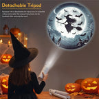Solis Hollow Halloween Projector held by a child projecting a witch across the moon
