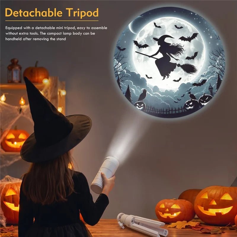 Solis Hollow Halloween Projector held by a child projecting a witch across the moon
