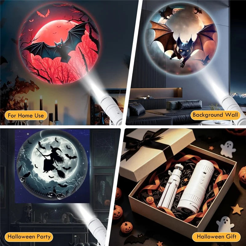Solis Hollow Halloween Projector projecting bats and a witch at home, at a party and as a gift