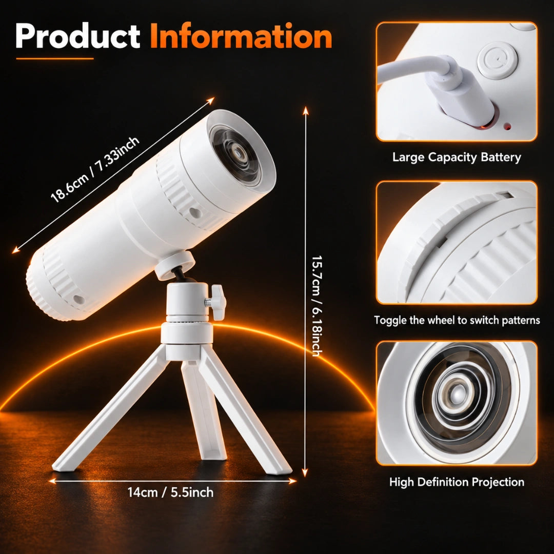 Solis Hollow Halloween Projector dimensions 18.6 x 15.7 x 14 cm, battery, pattern wheel and lens