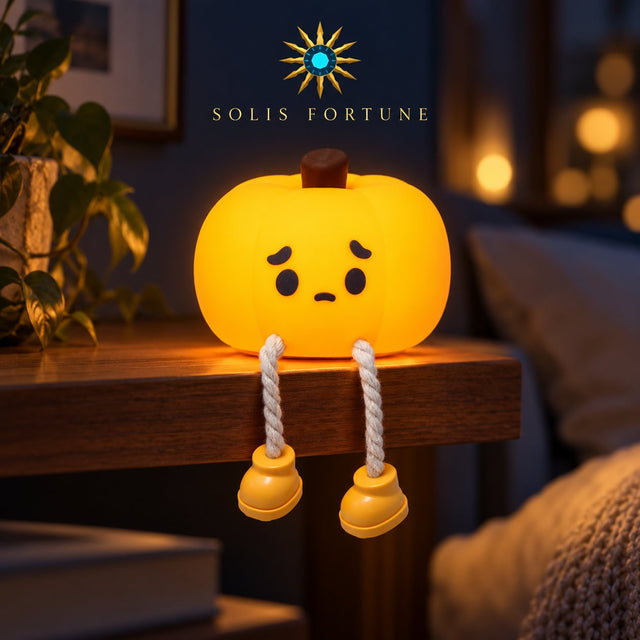 Solis Hollow — sad pumpkin night light with rope legs