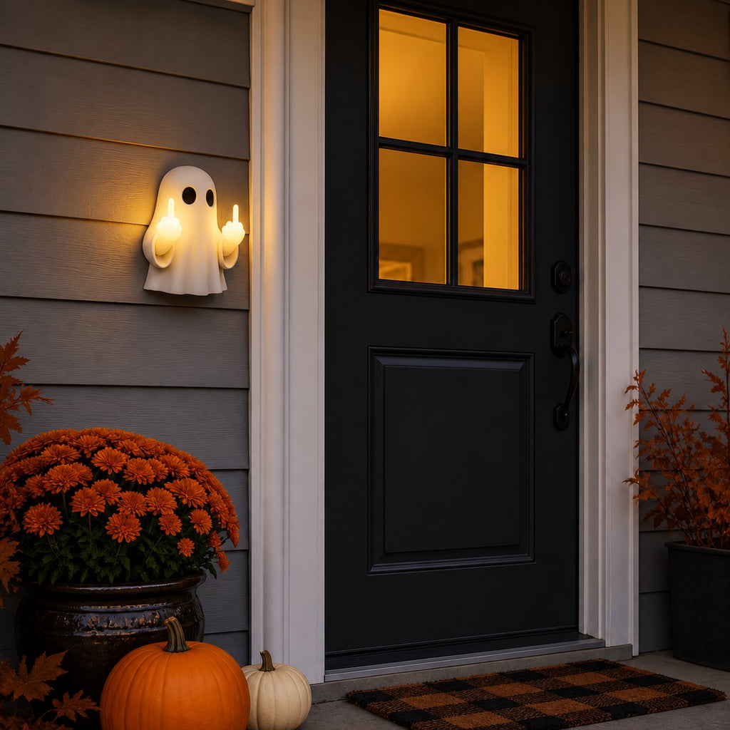 Solis Hollow Rude Ghost Night Light beside a lit window and a front door at dusk