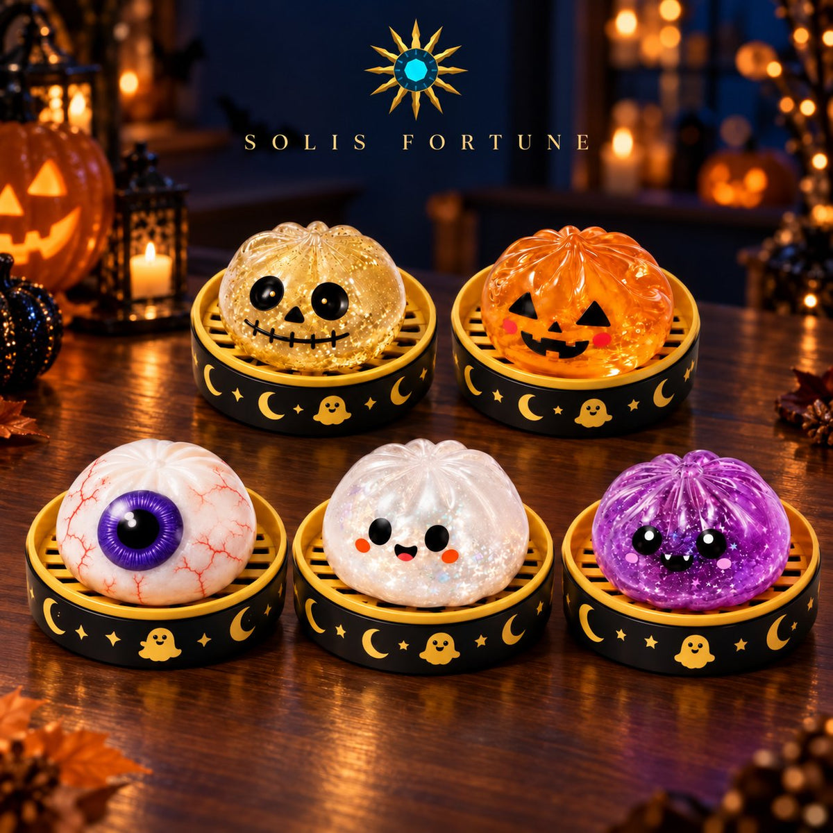 Solis Hollow — five Halloween squishy buns in their mini steamers