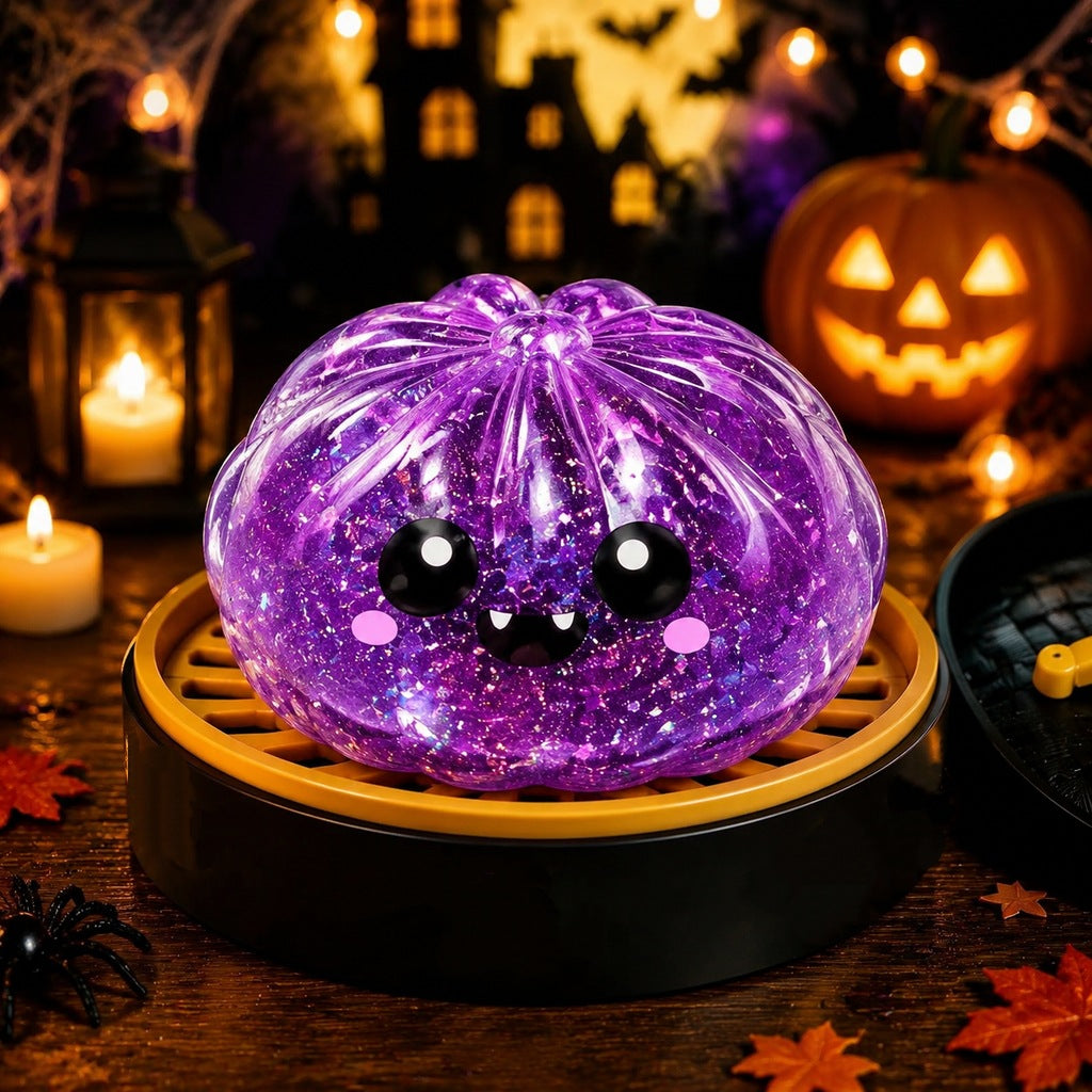 Solis Hollow — Purple Monster squishy bun, 5.5 cm, in its mini steamer