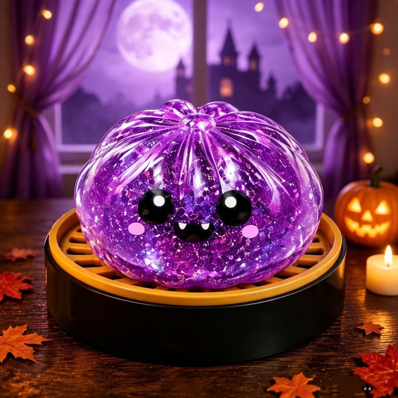 Solis Hollow — Purple Monster squishy bun, 6.5 cm, in its mini steamer