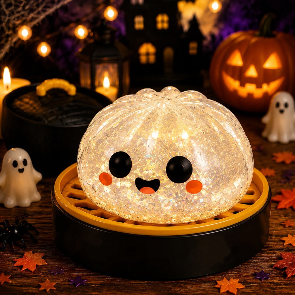 Solis Hollow — White Smiley squishy bun, 5.5 cm, in its mini steamer