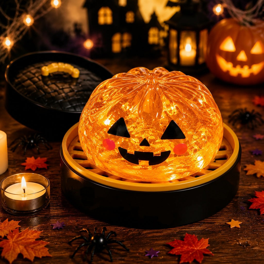 Solis Hollow — Jack-o'-Lantern squishy bun, 5.5 cm, in its mini steamer