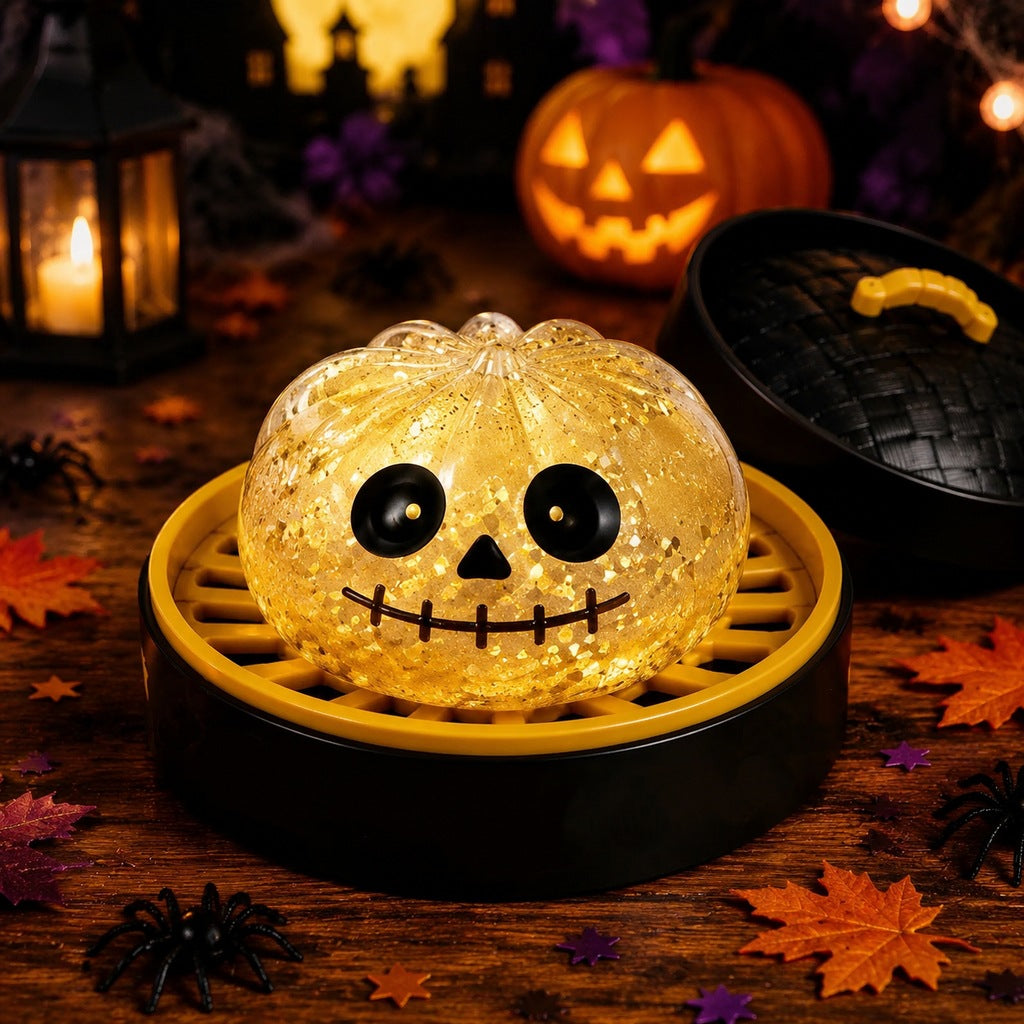 Solis Hollow — Golden Skull squishy bun, 5.5 cm, in its mini steamer