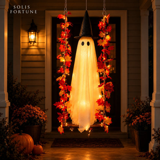 Solis Hollow Swinging Ghost glowing at night on a porch, with its remote